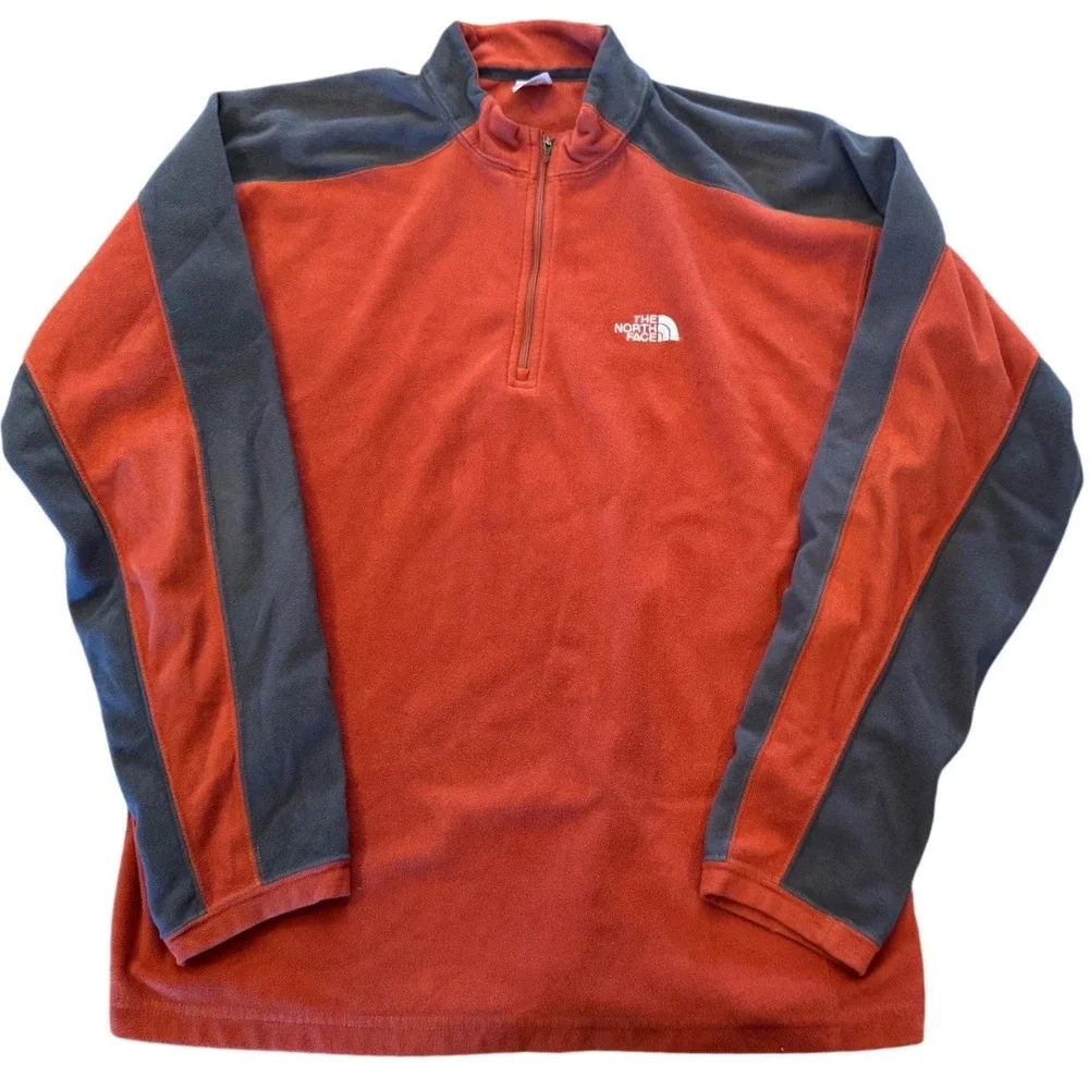 The North Face TKA 100 Mens Fleece Quarter Zip Pullover Orange Gray Large